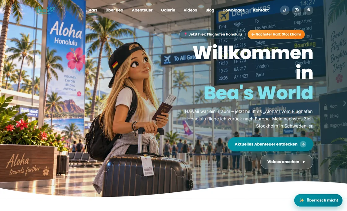 Startseite von beasworld.de: Bea am Flughafen Honolulu, nächster Halt Stockholm