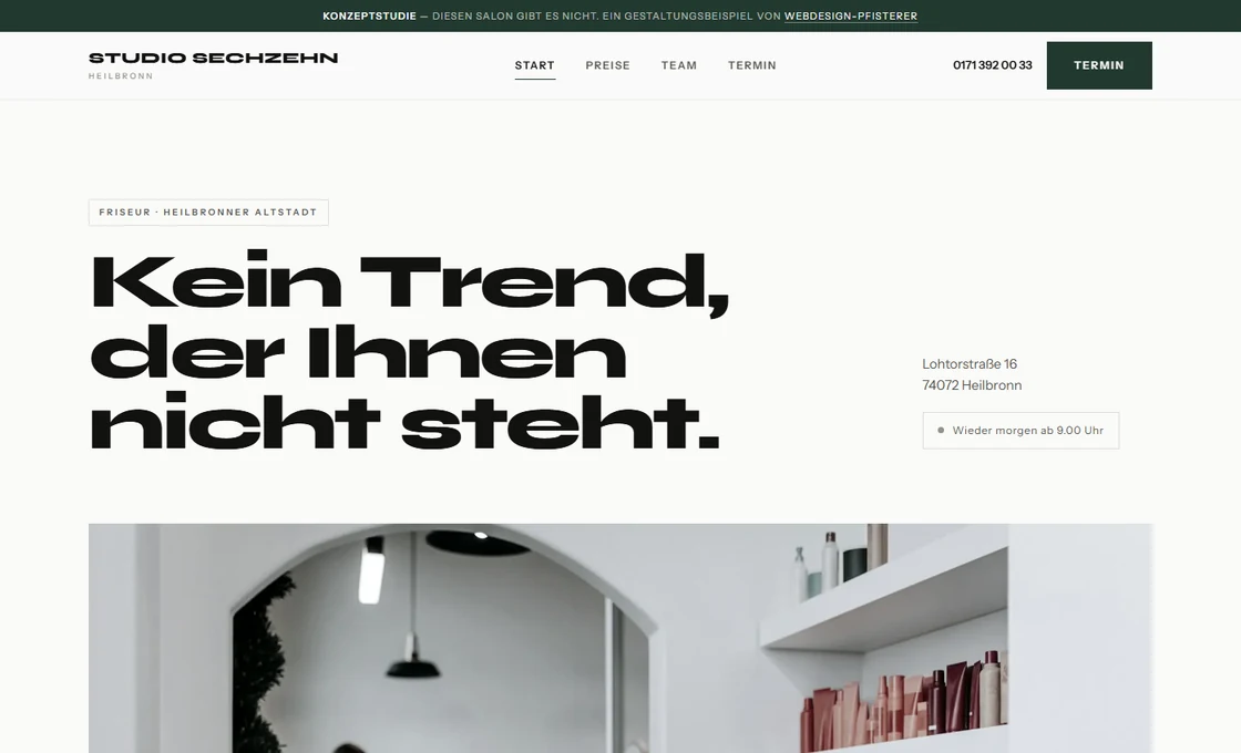 Startseite der Konzeptstudie Studio Sechzehn, ein Friseursalon