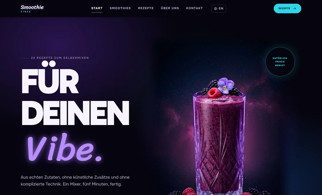 Startseite von smoothievibes.de: „Für deinen Vibe“ neben einem violetten Smoothie
