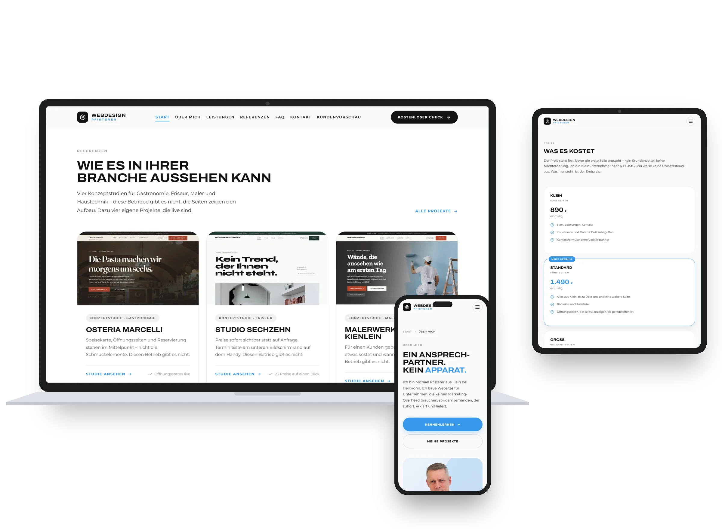 Die Website von Webdesign-Pfisterer auf Laptop, Tablet und Smartphone