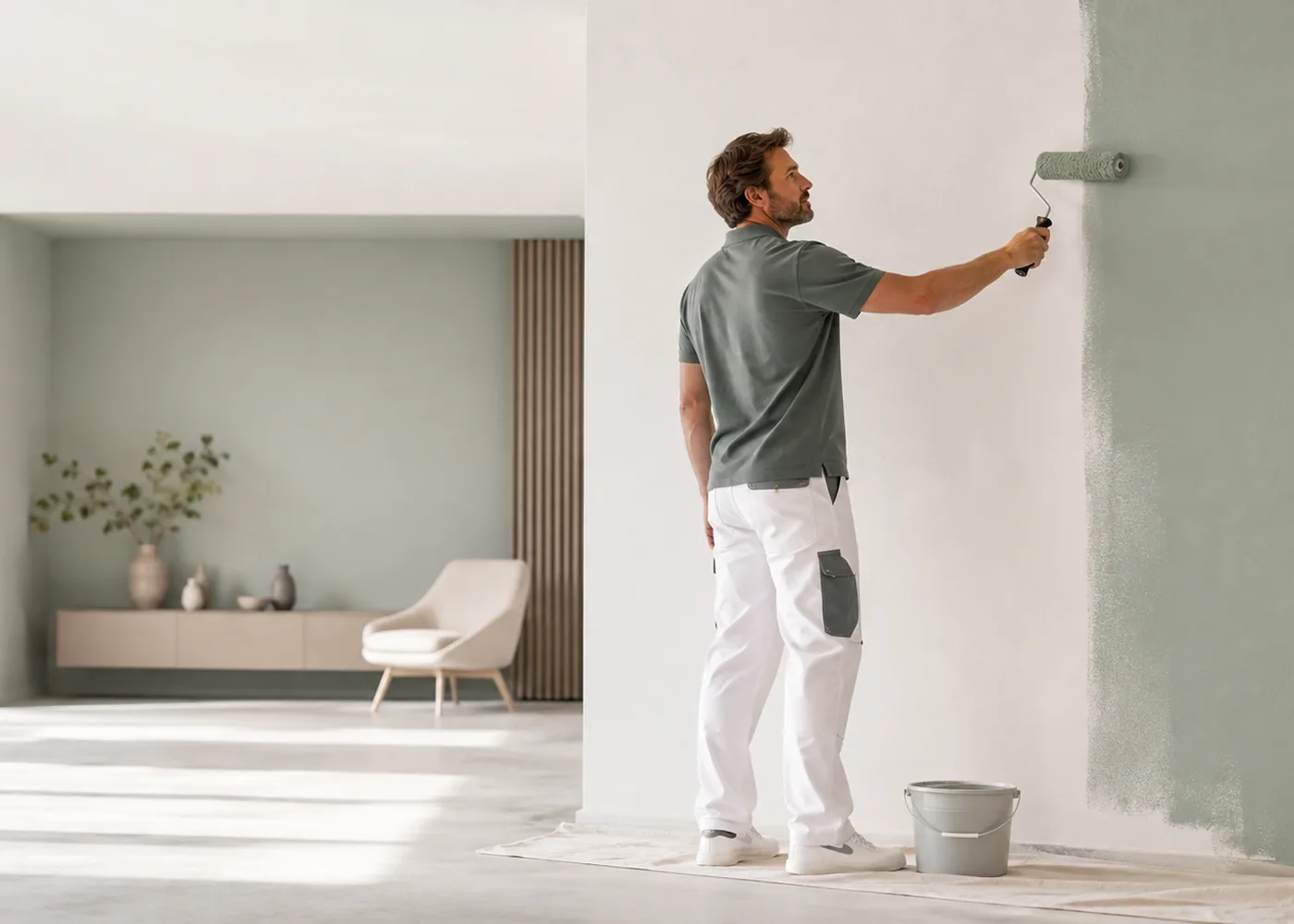 Maler rollt eine Wand in einem hellen Wohnraum salbeigrün an